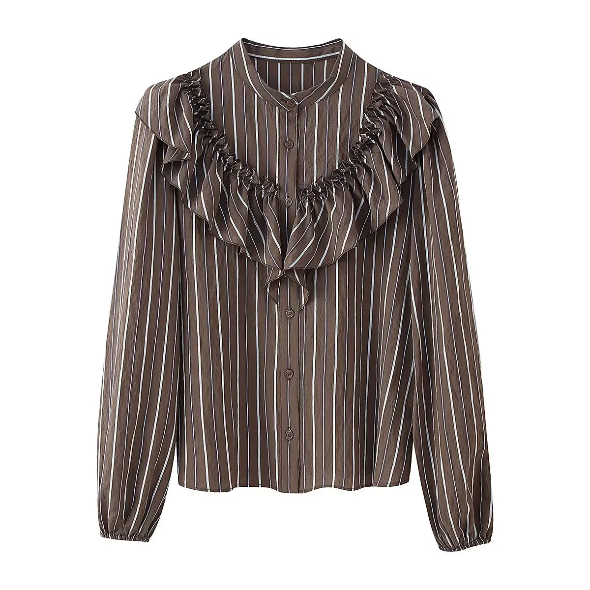 

WOMEN 2026 Summer New Fashion Striped Laminated Shirt Retro Long Sleeve Casual Chic Female Shirts Blusas Tops