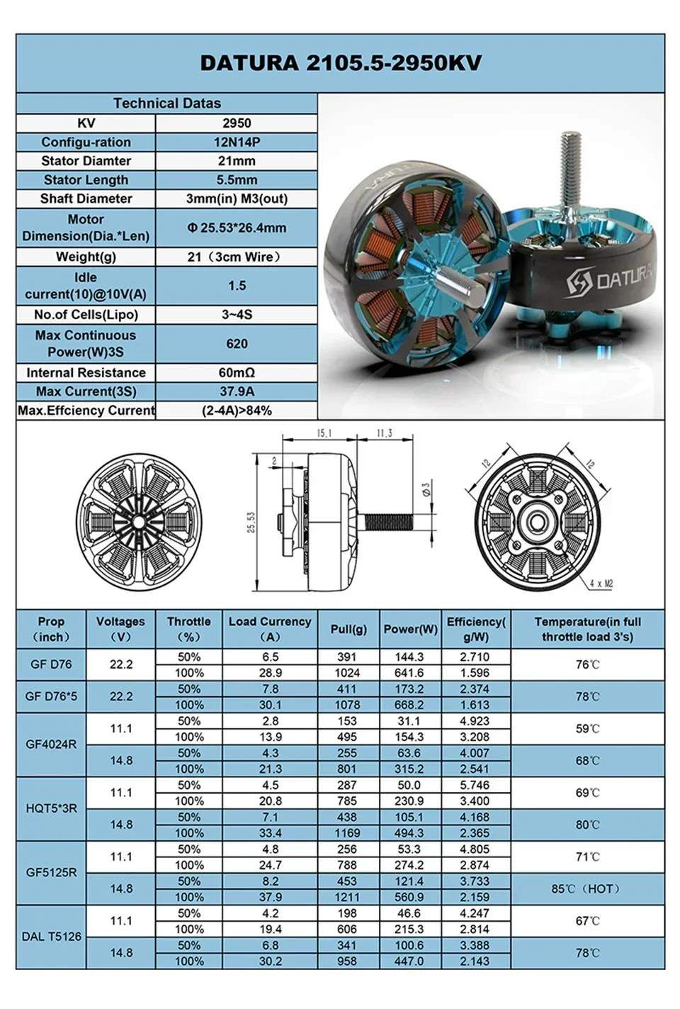 Foxeer Datura 2105.5 RC 브러시리스 모터 2105, FPV RC 레이싱 드론용 프로펠러 샤프트, 1650KV 4-6S 2950KV 3-4S M3 M5