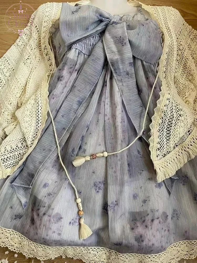 French Lace Cardigan + Bow Sling Dress New Elegant Sweet Retro 2 Piece Set Women Aesthetic Vintage Y2K Fashion Fit Chic Outfits