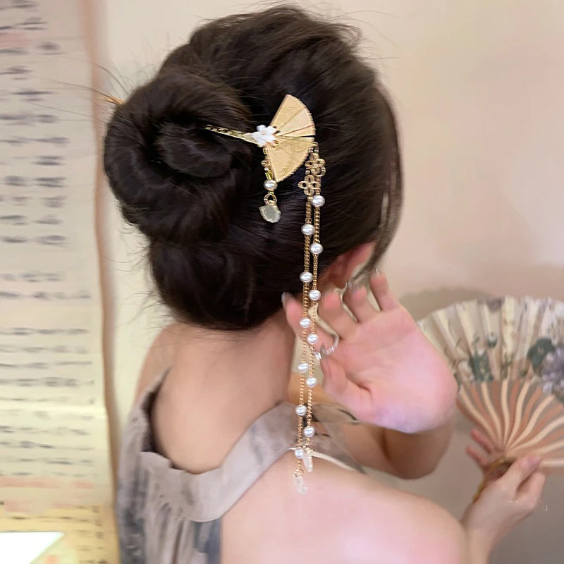 1pc Chinesischen Stil Nische Persönlichkeit Fan-förmigen Legierung Haarnadel Exquisite Quaste Hanfu Qipao Headwear Schnell Geflochtene Haar Artefakt – Detail 2