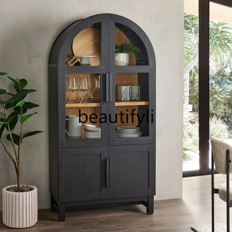 DD45 French Retro Solid Wood Bookshelf Natural Wood Color Display Storage Cabinet Light Luxury Arched Wine Cabinet