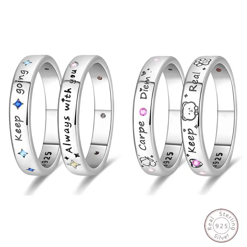 

Original S925 Silver Blue Pink Color Star Password Rings for Women Fashion Wedding Party Jewelry