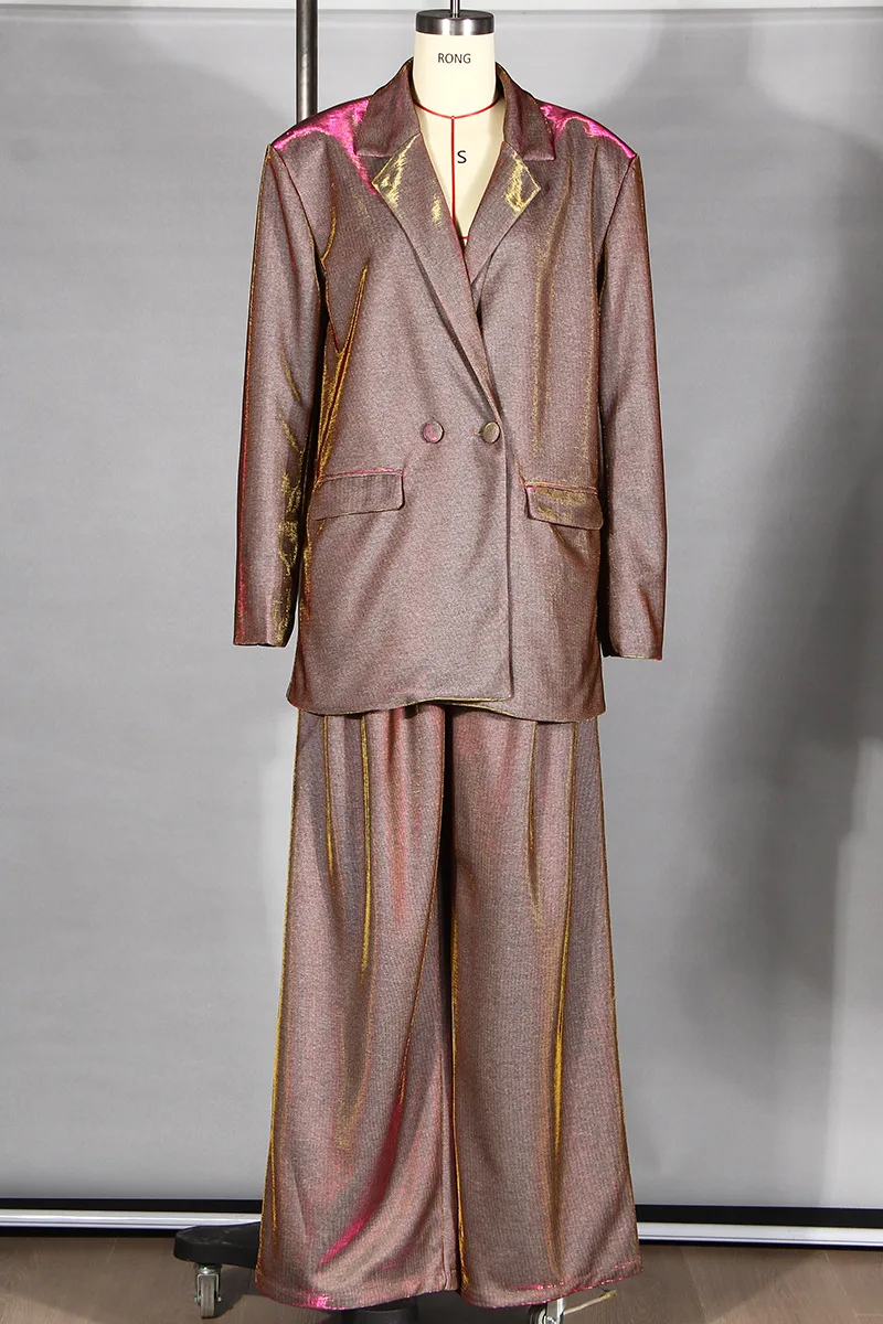 

Elegant Shiny Gradient Blazer Two Piece Set Metallic Blazer High Waist Wide Leg Pants Set for Formal Evening Party Gala Night