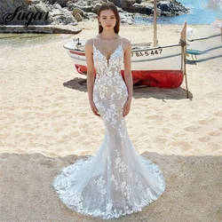 Sexy Ivory Tank Mermaid Wedding Dresses Trumpet V-Neck Bridal Gowns Backless Bride Robe Charming Appliques Bow Vestidos De Noiva