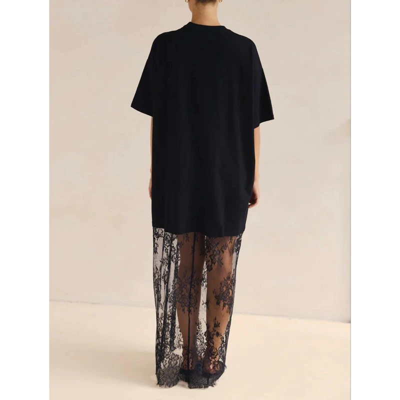 Combhasaki Womens Crew Neck Short Sleeve Summer Casual Loose Fit Y2k Sheer Floral Lace Patchwork Straight Maxi Long Shirt Dress