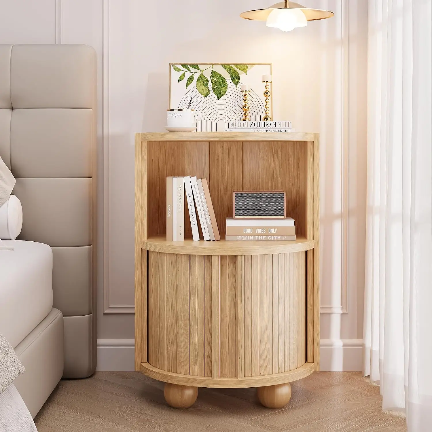 Modern Oak Round Bedside End Table with Sliding Doors and Two Storage Shelves, Nightstand for Bedroom Use