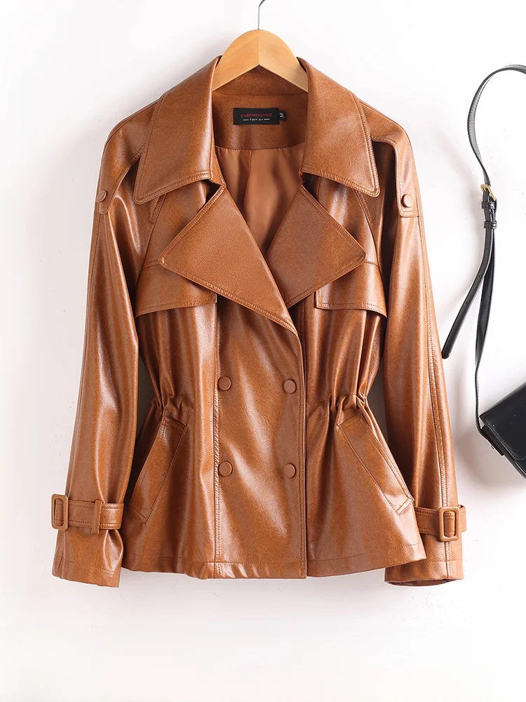 

Slim Fit Medium Length Lamb Leather Coat Women's Spring Autumn Sli Slimming Windbreaker Jaet Commute Friendly