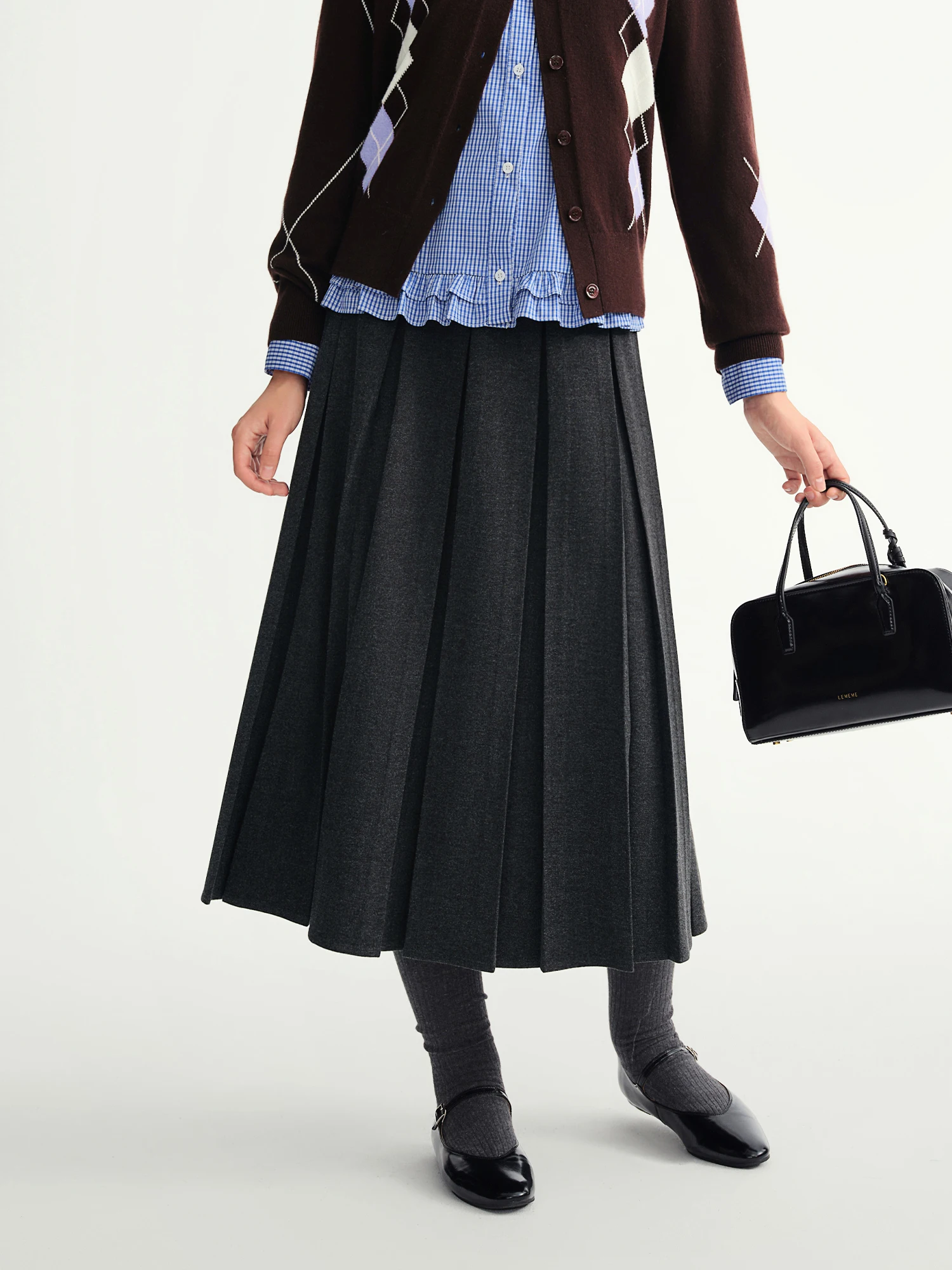 DUSHU Long Pleated Skirt Women Gray Solid Simple Basics 2025 Autumn and Winter High Waist A-line Mini Skirt Korean Style