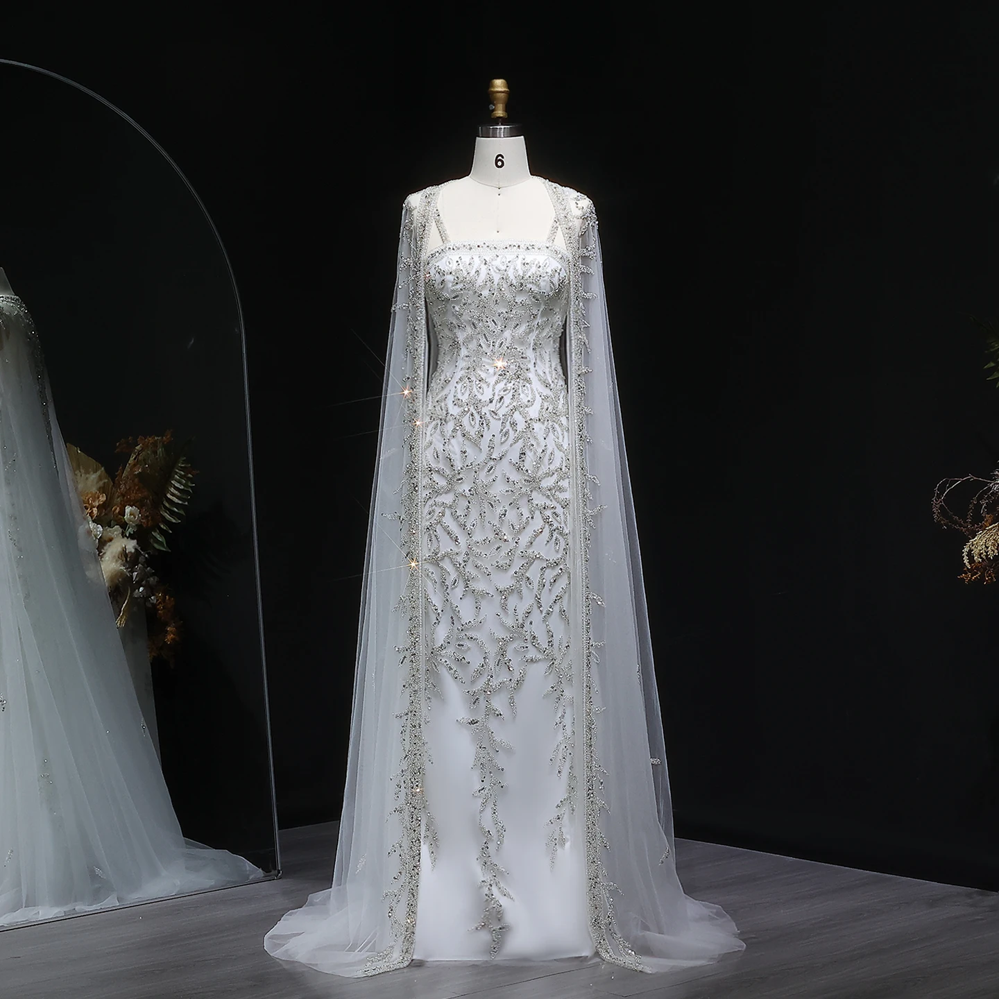 Sharon Said Luxuriöses Rosa Meerjungfrauen-Abendkleid mit Cape-Ärmeln in Weiß für Damen, Hochzeit, Party, Ballkleider, Arabisch SS393, Maßanfertigung – Detail 8