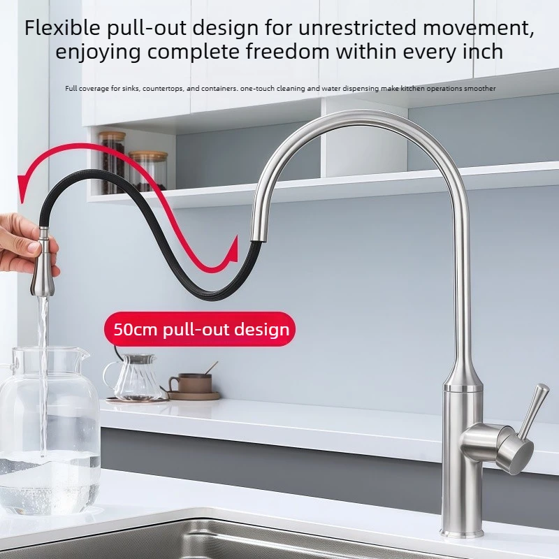 Two Types of Pull-Out Faucets for Kitchen Sinks, Hot and Cold, Rotatable and Extendable Kitchen Faucets