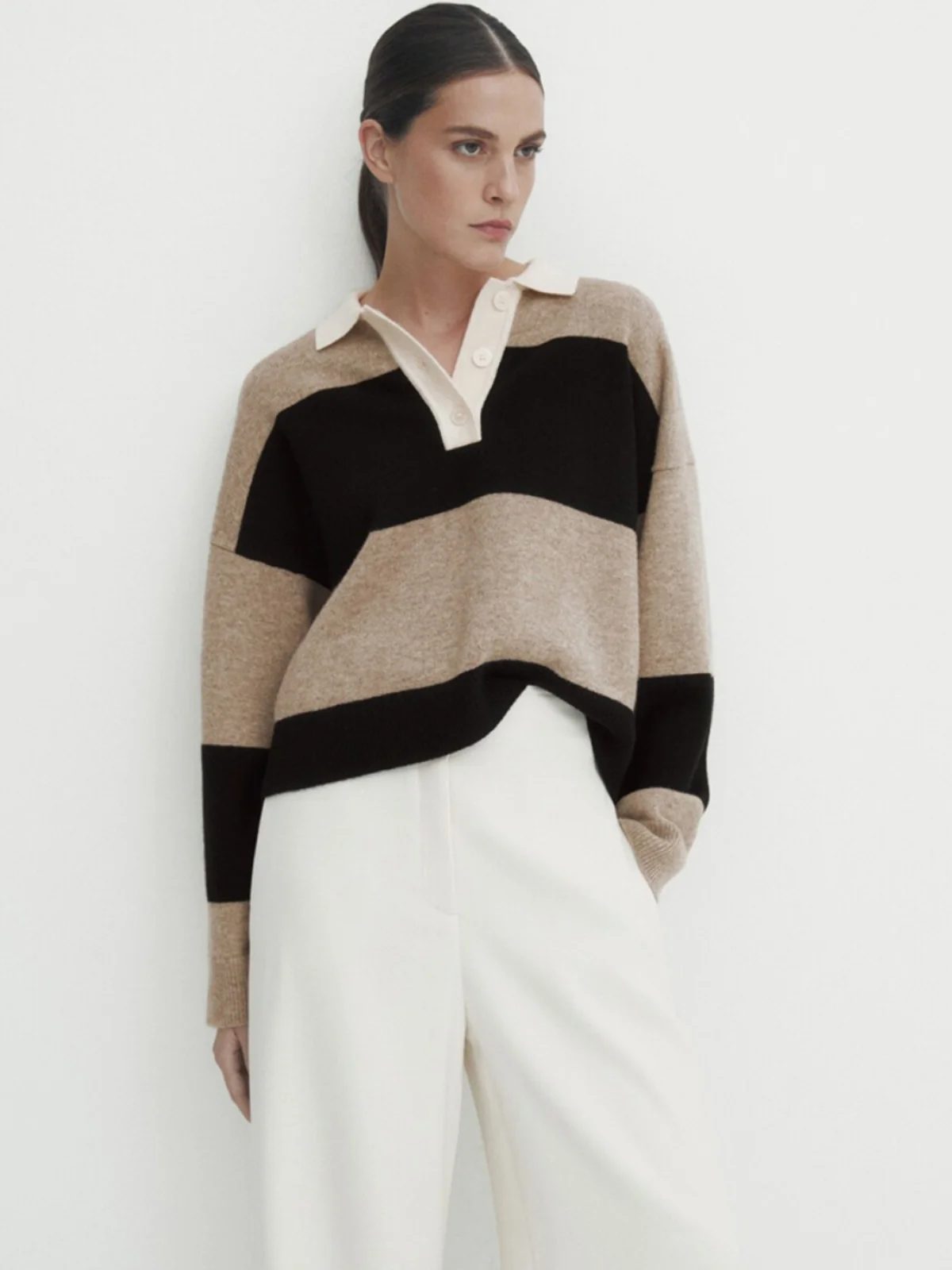 

Женский повседневный вязаный шерстяной свитер Lazy Sle в полоску с v-образным вырезом Long Sve Regular Fit, прямой вязаный свитер