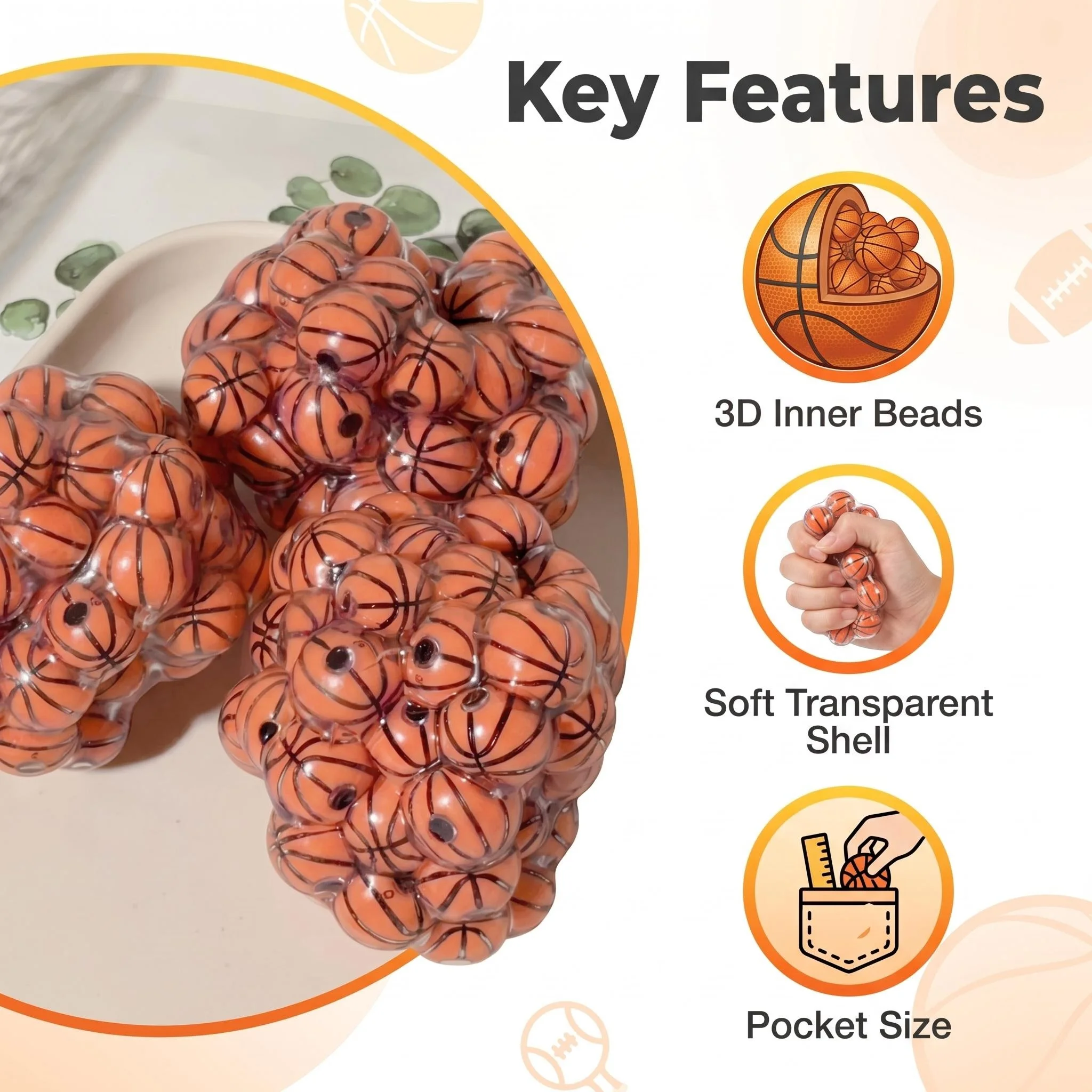 Mini Basketball Filled Grape Squeeze Ball Squishy Fidget Toy Stress Relief ASMR Decompression Desktop Relief Gift
