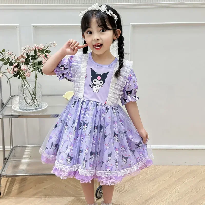 سانريو مرحبا كيتي الفتيات تي شيرت صيفي لوليتا فستان الأميرة موضة الأطفال kuromi فستان قصير الأكمام طفل تنورة منتفخة