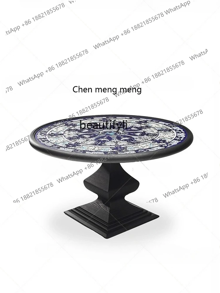 X  Medieval solid wood blue and white porcelain dining table household small apartment, round entrance