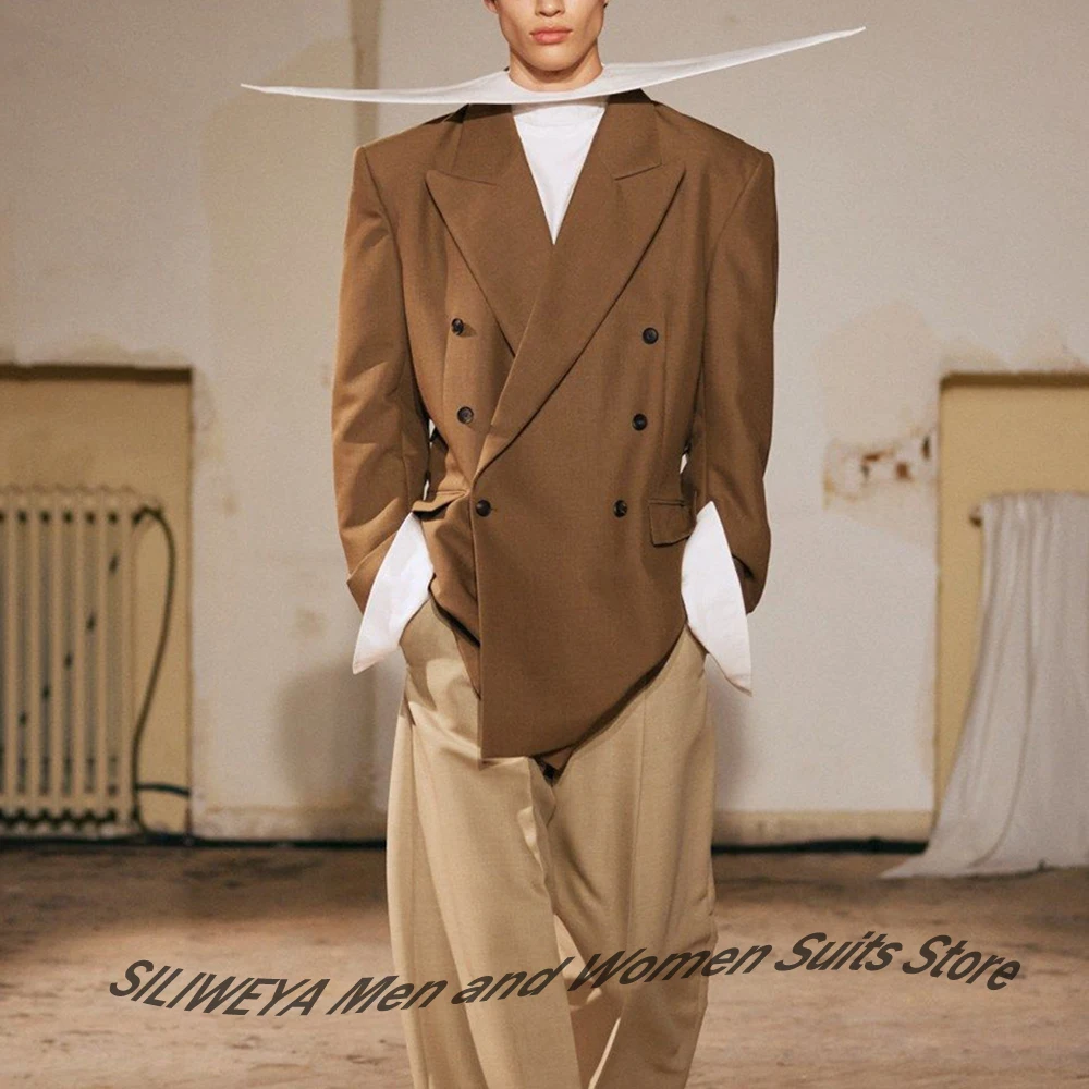 Chic Casual Suits for Men Brown Oversized Double-Breasted Peaked Lapel Blazer+Pants 2Piece Set Modern Daily Shopping Streetwear