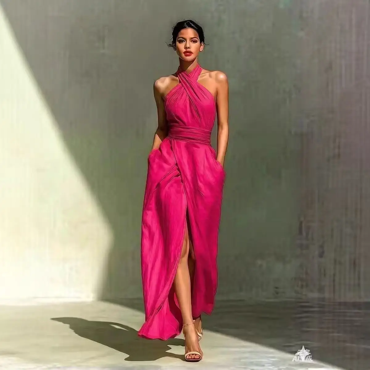 Chic Solid Front Split Boho Long Dress Woman Spring Sexy Off Shoulder Halter Party Dress Summer Sleeveless High Waist Maxi Dress
