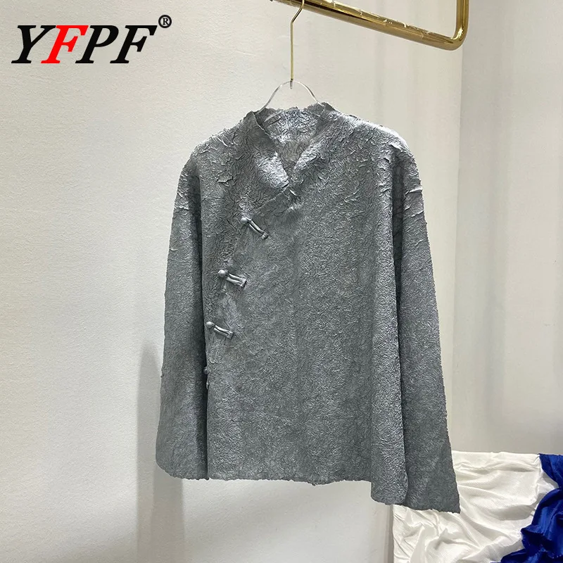 

YFPF Chinese Style Pleated Blouse For Women Fashion Stand Collar Frog Button Design Long Sleeve T-shirt 2026 New Clothing