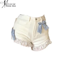 2024 Women's Cute Sweet Bow Lace Lace Denim Shorts Beige High Street Fashion Y2K Spring/Summer Baggy Thin High Waist Pants