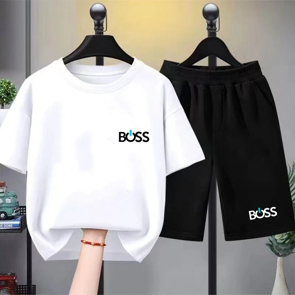

Child T-shirt Summer Short Sleeve Print Children Age 3-12 Girls boy Set white black Tshirt+Shorts 2pcs leisure fashion Kids Set
