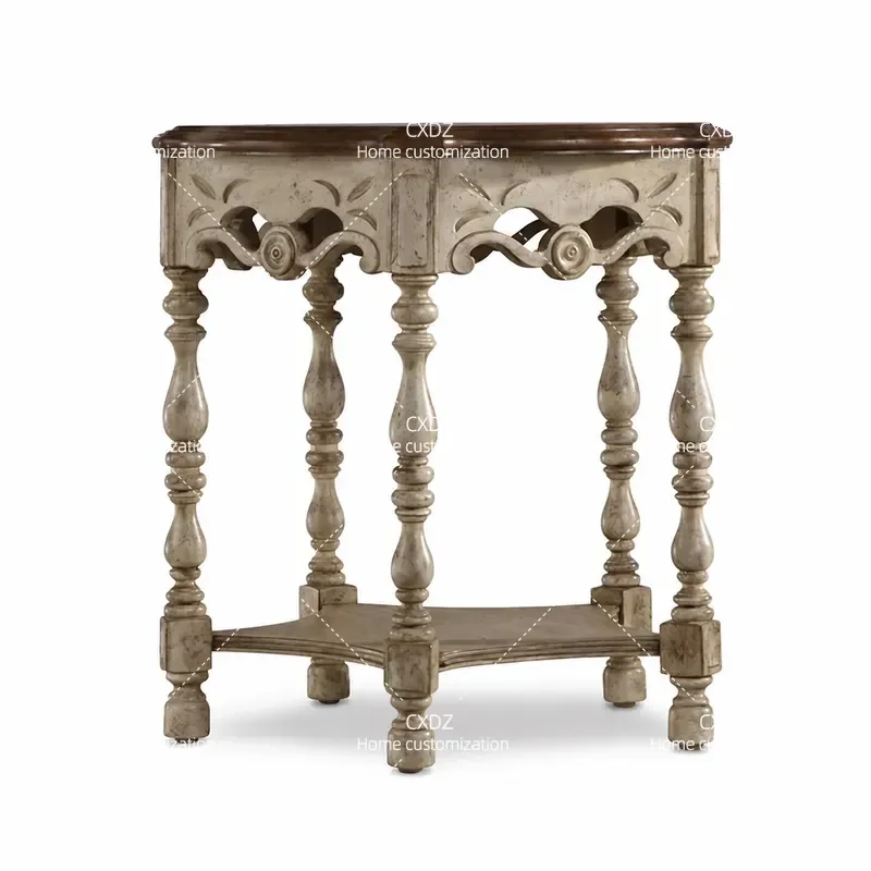 Rural Solid Wood Carved Lace Coffee Table Retro Vintage Edge Villa Antique Sofa Back Console Table