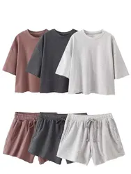 TRAFZA Summer Shorts Set Solid Casual O-neck Short Sleeves Top Loose T-shirt Pajamas Female Basic Drawstring Shorts Pockets