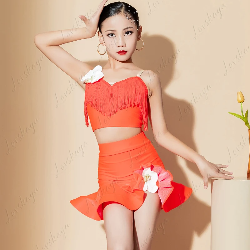 

Latin Dance Costumes, Girls' Halter Tassel Practice Skirts, and Children's Off-the-shoulder and Backless Performance Outfits