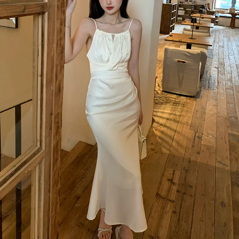 Sukienka satynowa na wesele, studniówkę, dla kobiet, elegancka, bez rękawów, syrenka, seksowna, z wycięciami, sukienki wieczorowe, lato