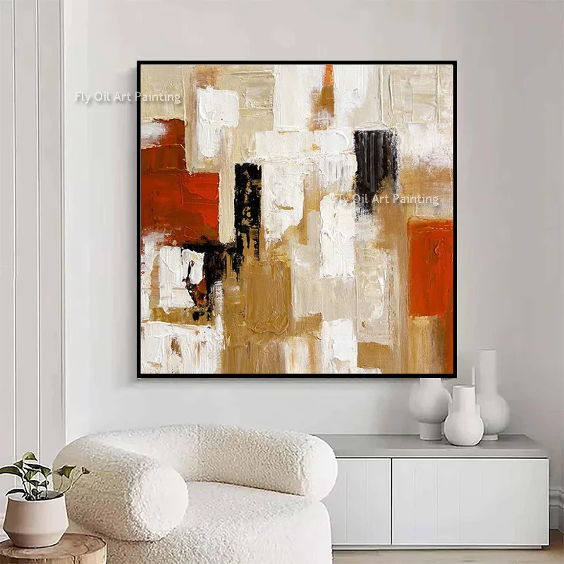 Rust Red Cream Square Abstract Canvas Hand Painted Rough Sculpture Texture Oil Painting Contemporary Apartment Wall Ornament