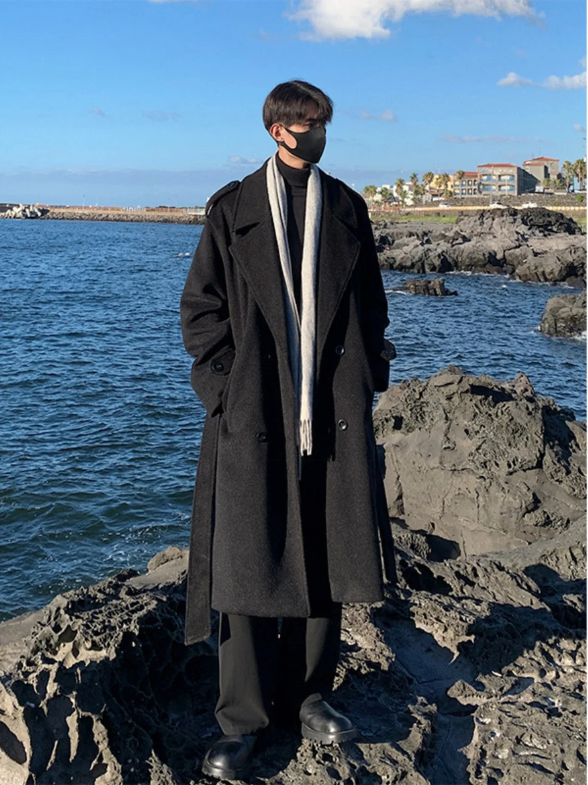 

Ele Briti Sle Men's Bla Woolen Coat Long Length Autumn Winter Dkw Windbreaker Casual Faion High Quali Feeling