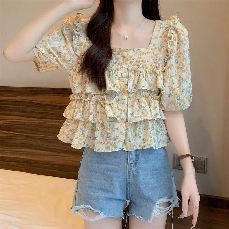 Fashion Square Collar Ruffles Blouse Folds Spliced Women\'s Clothing Sweet Broken Flowers Summer Commute Single-breasted Shirt