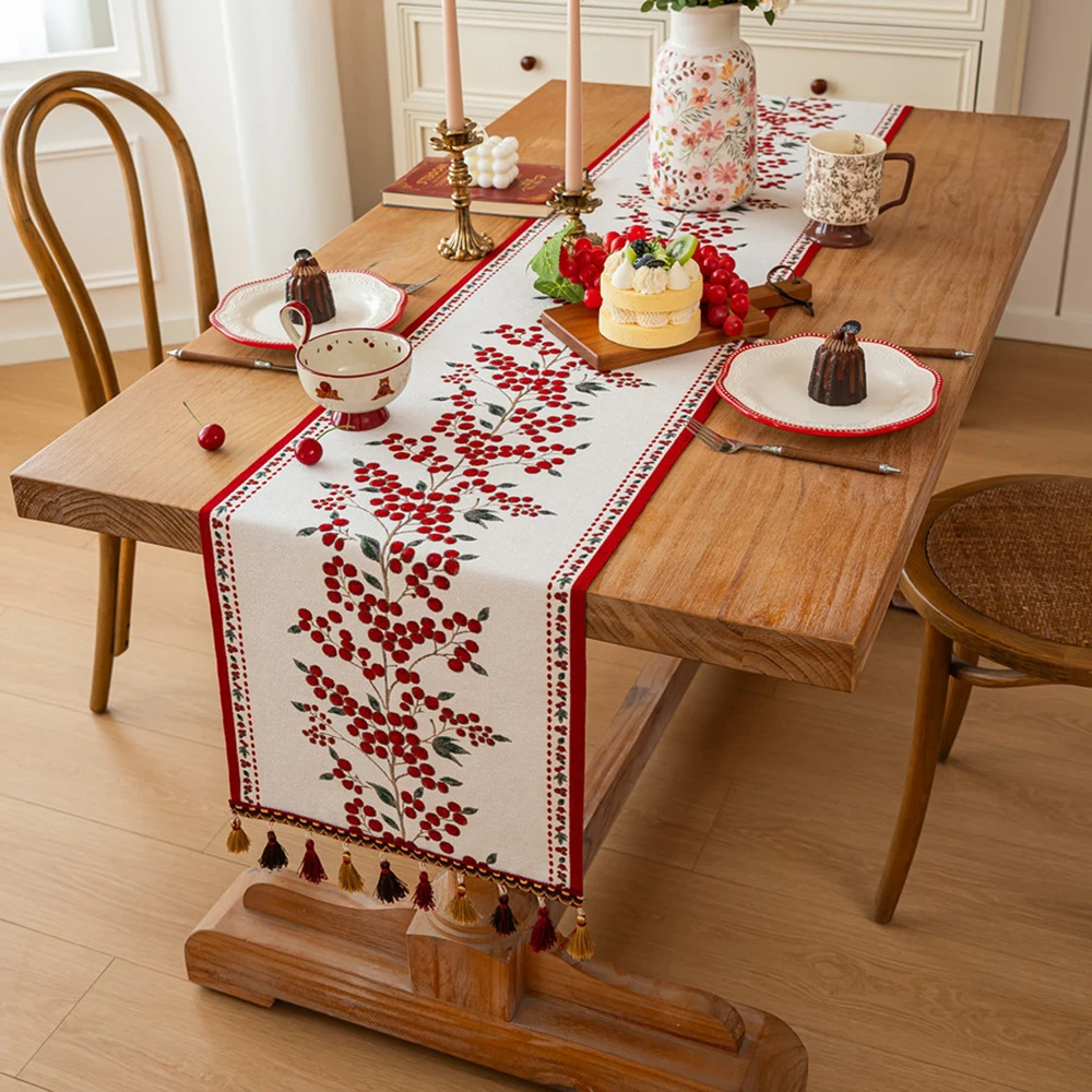 Christmas Berries Jacquard Table Runner Tassel Household Polyester Tablecloth Table Runers End Curtain Cover Towel Decor Home