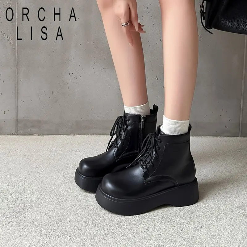 ORCHA LISA Half  Booties Female Plus Fit 43 44 45 Circular Front Raised Sole Zip Closure Belt Strap Clasps Trendy Romantic