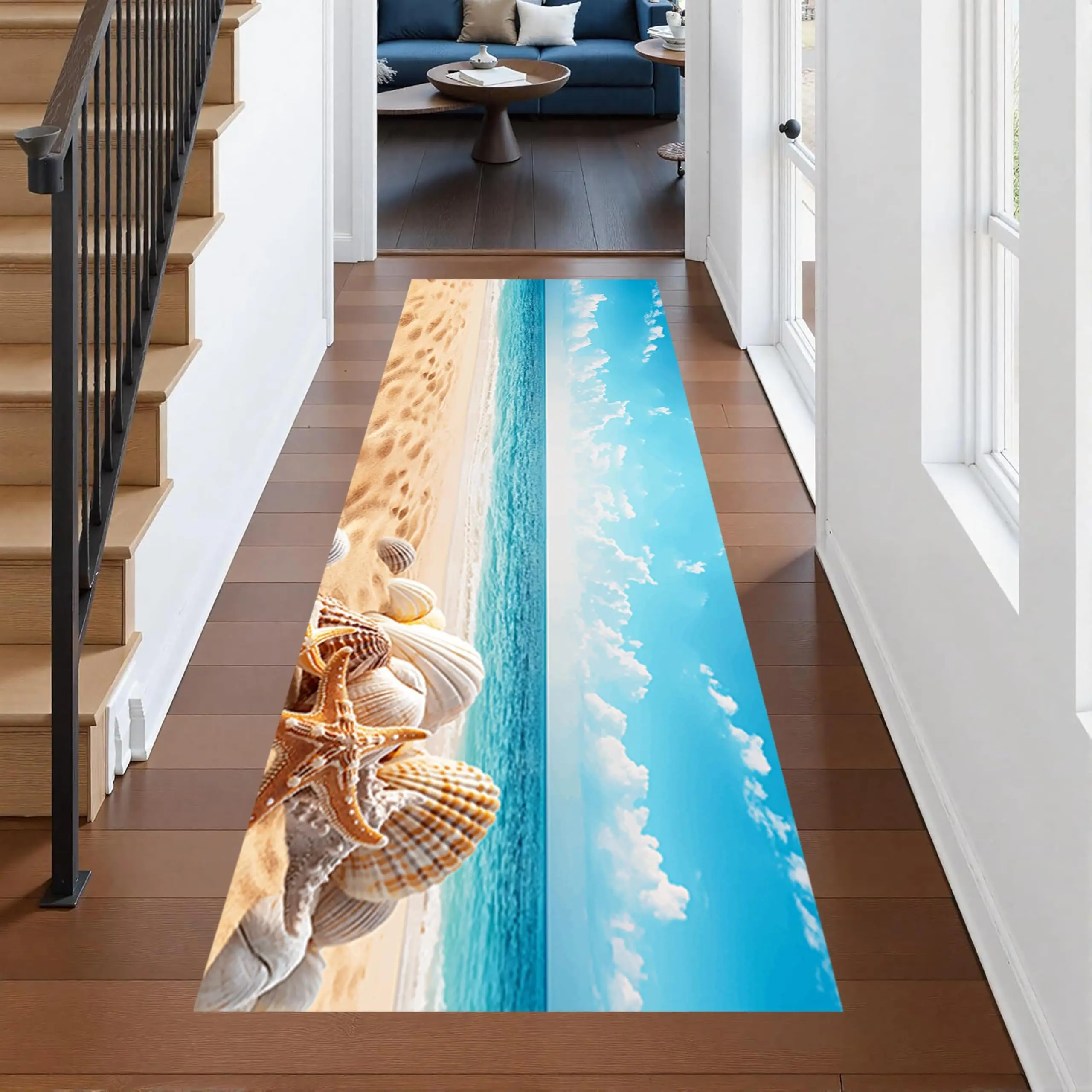 Coastal Nautical Long Rug Sea Shell Starfish Area Mat Vintage Golden Sand Pebble Corridor Hallway Bedroom Bedside Decor Carpet