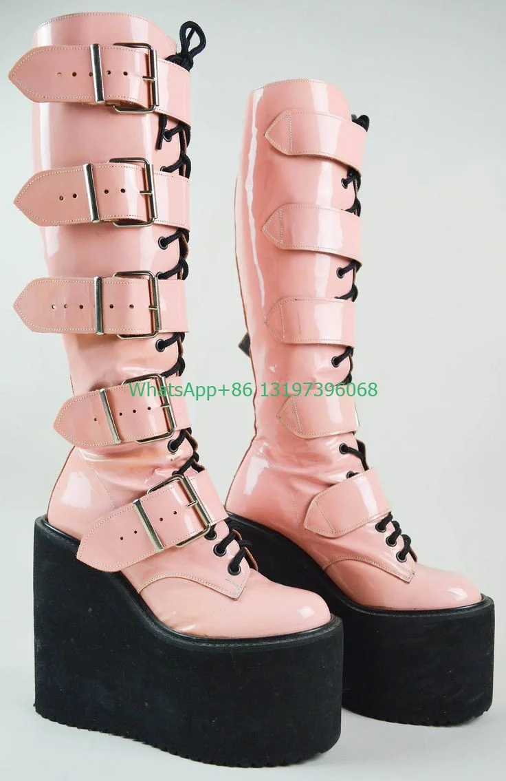 Lady pink Mary Jane stud platform Y2K deisgn boots metal lace-up calf boots PU hot pink punk style boots footwear high top boots