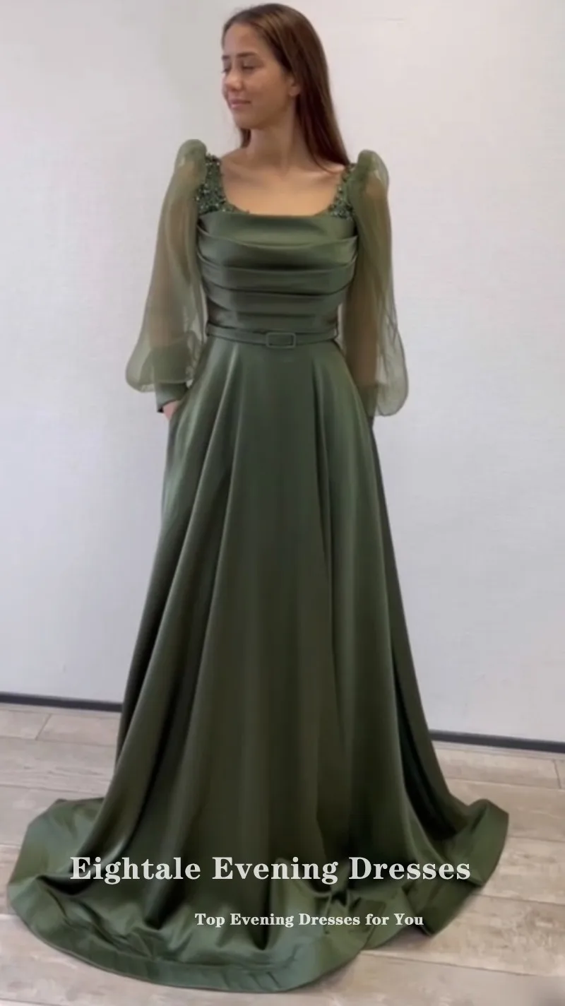 Eigtale-vestido de noche elegante para fiesta de boda, satén, mangas largas abullonadas, cinturón, plisado, árabe, Dubai, vestidos de graduación