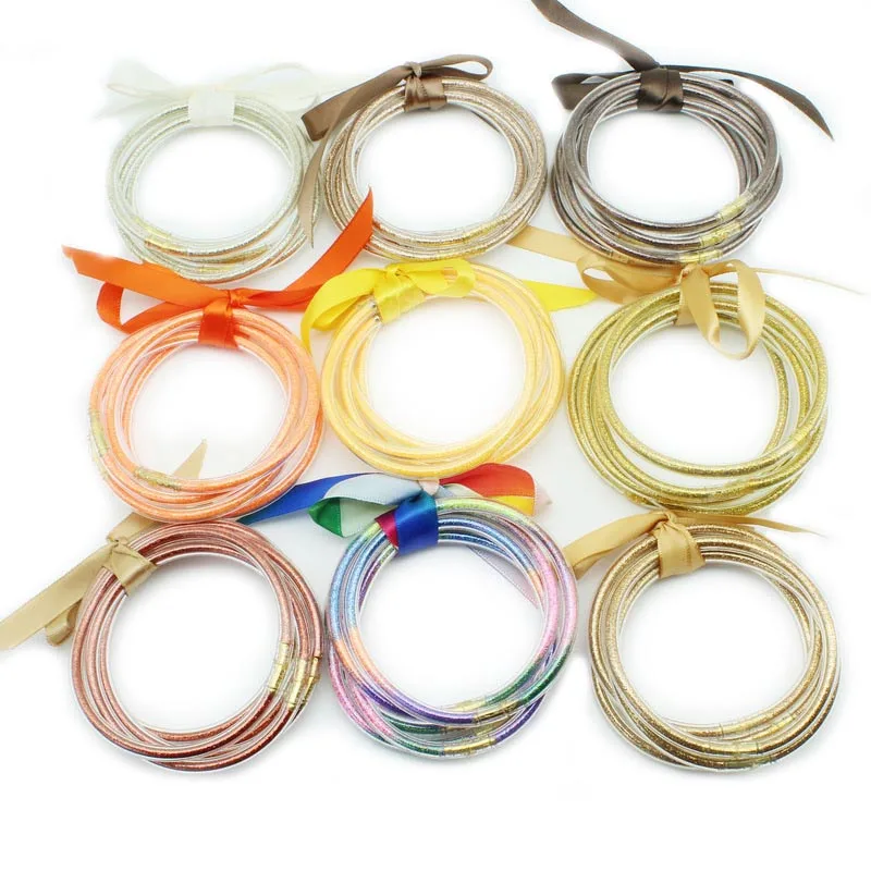 Lightweight Glitter Filled Jelly Transparent Silicone Bowknot Bangle 27 Colors 5pcs/Set For Mother's Day  Bracelet Girls Gift