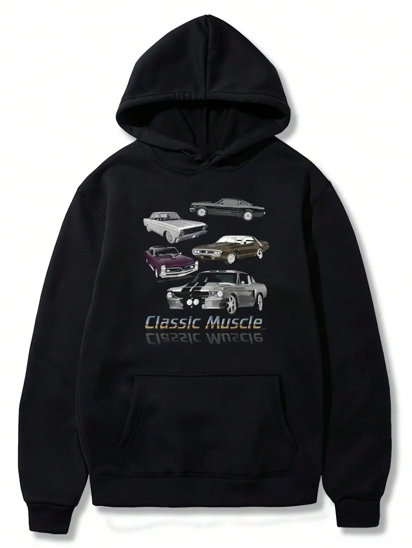 Men's Retro Muscle Car Pattern Hoodie - Black Classic American Car Series Pullover Sweatshirt, Street Fashion , Bold Print, Durable Long Sleeve Top, Must-Have For Enthusiasts