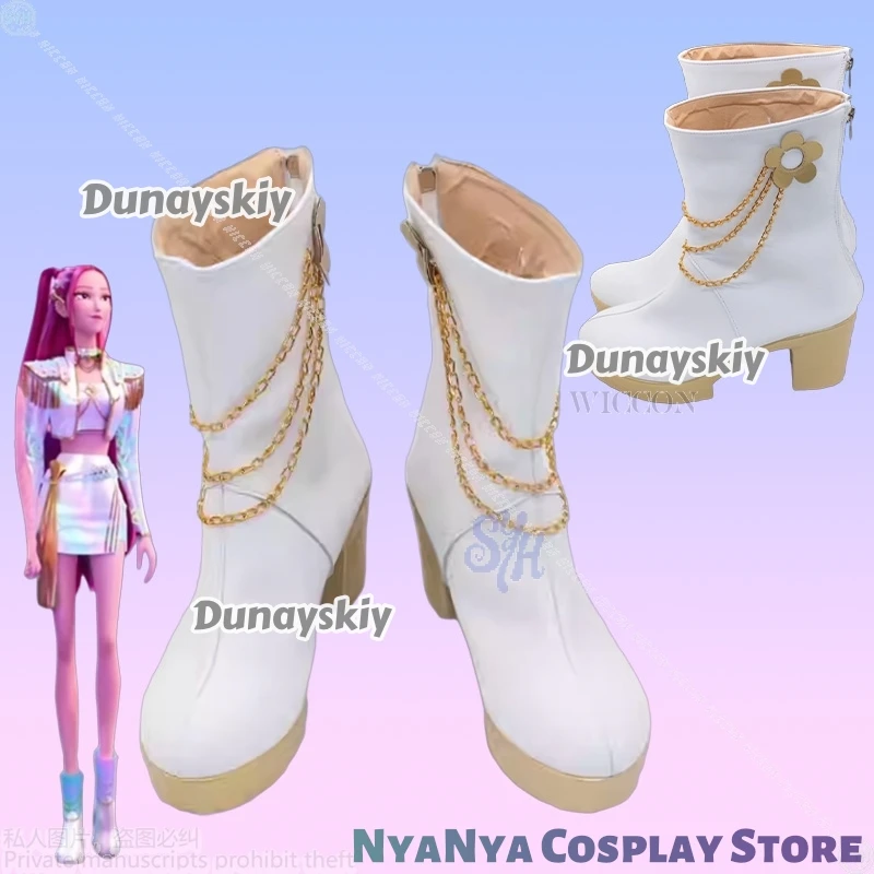 

Huntrix Korea Girls Groups Idol Mira Anime Movie Kpop Demon Cosplay Golden Stage White Booties Sexy Shoes Halloween Christmas
