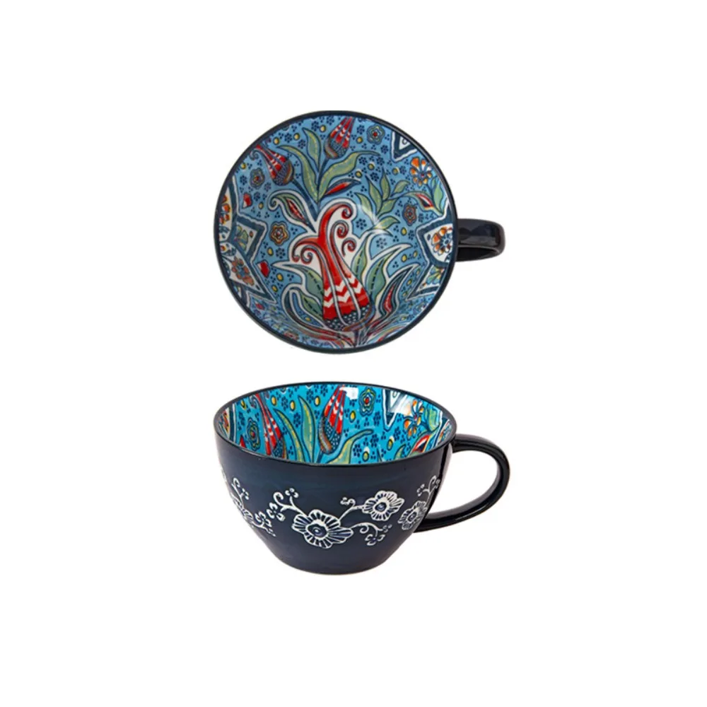 

Water Cup Ceramic Bohemian Breakfast Cup Large Capacity Retro Milk Cup Microwaveable Flower Pattern Fruit Salad Bowl Yogurt