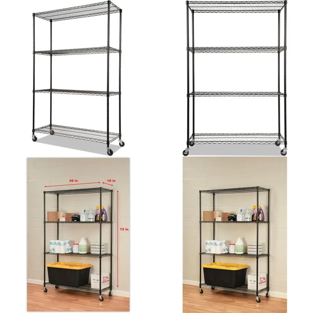 Four-Shelf Wire Shelving Unit with Casters, 48 x 18 x 72, Black, Heavy-Duty Storage Solution