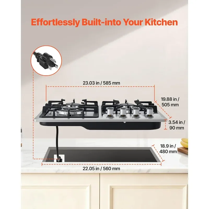 24 inch Gas Cooktop 4 Burners Gas Stove Top Max 27000BTU Built-in Stainless Steel Stove Top LPG/NG Convertible Dual Fuel