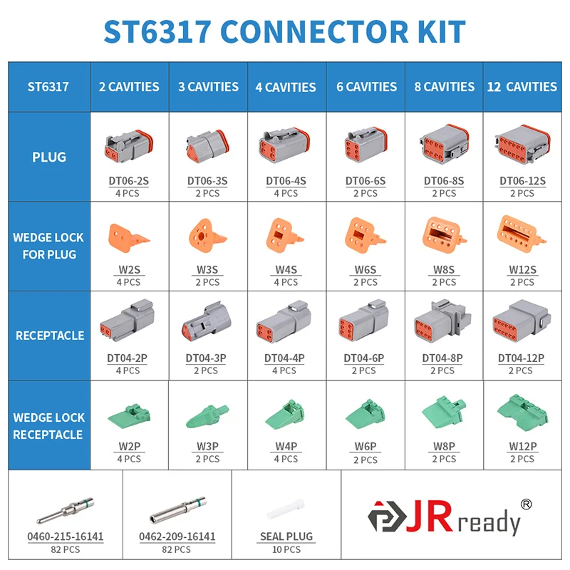 JRready-Electrical Connector Kit, ST6317, DT Deutsch, 2, 3, 4, 6, 8, 12 Pin, Gray, Waterproof, with Size 16, Stamped Contacts