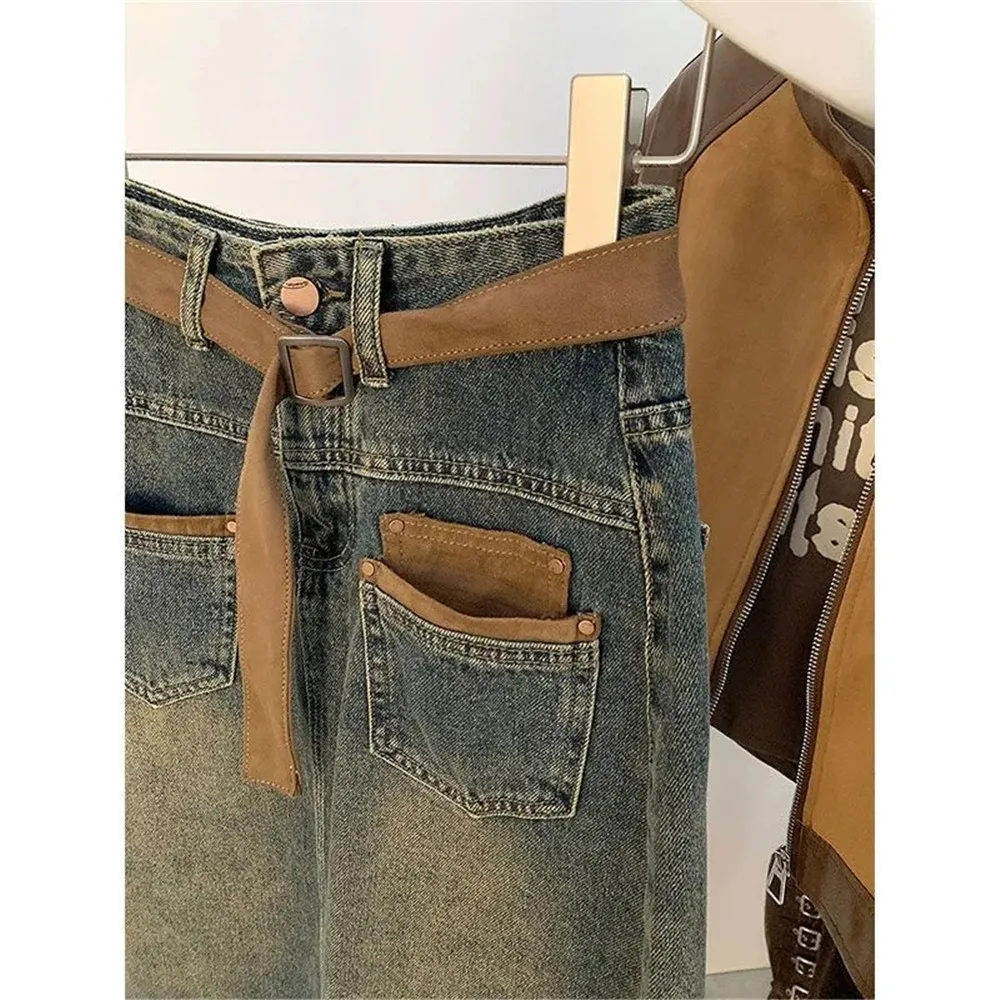 Koreaanse Jeans Lange Rok Met Riem Damesmode Met Riem Met Hoge Taille Rechte Demin Rok All-Match Zakken Midi Faldas