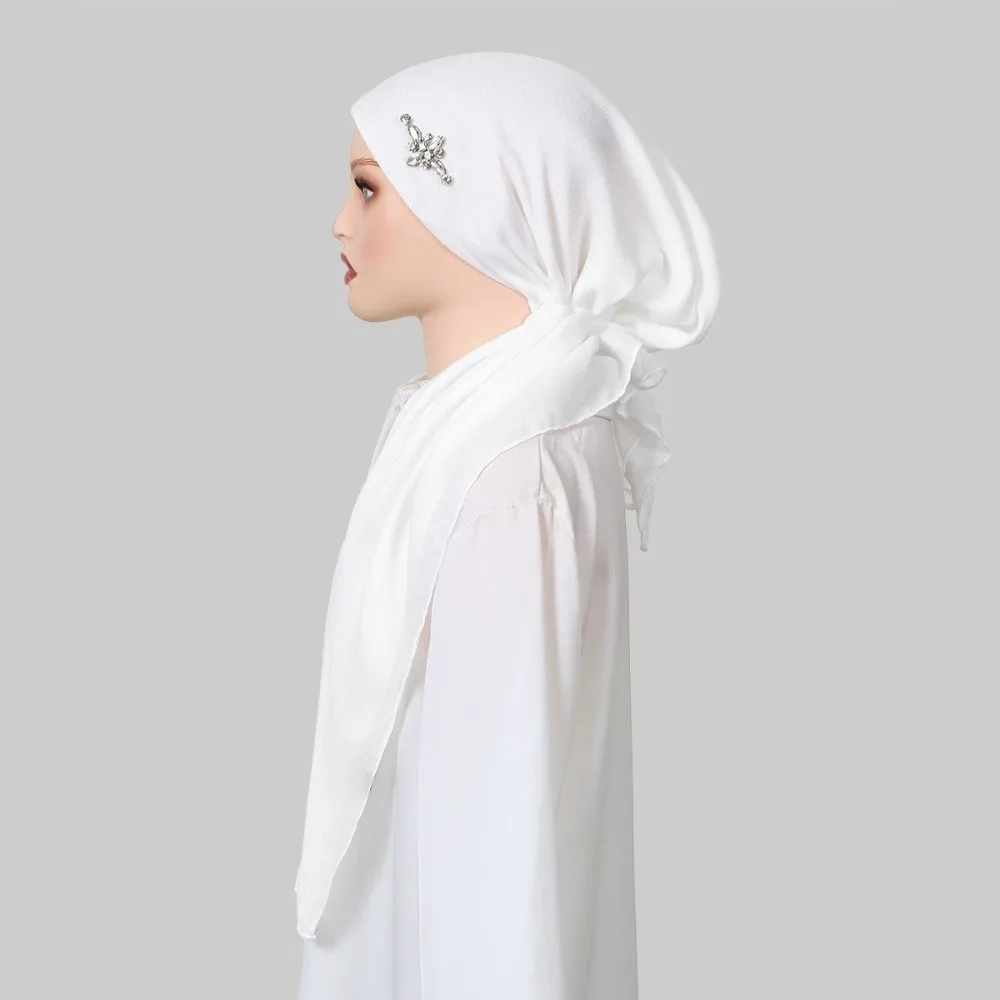 Daily Cotton Linen Rhinestone Hijab Hat Soft Skin-friendly Solid Color Headscarf Modest Fashion Elasticity Head Wrap Cap Wedding