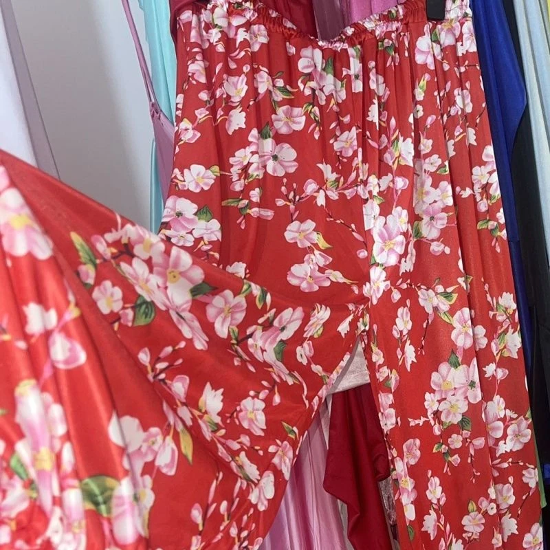 Plus Size Men Women Silky Touch Lantern Pants Red Floral Print Glossy Ice Silk Smooth Elastic Soft loose sleeping Trousers