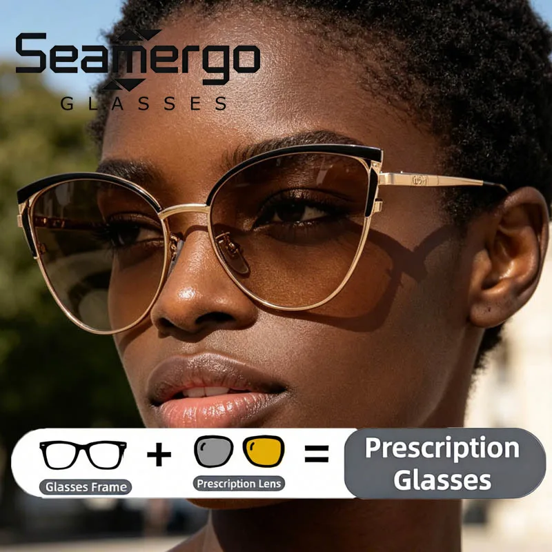 

SEAMERGO Cat Eye Customized Photochromic Glasses Color Changing Presbyopia Myopia Women Men Anti Blue Ray Prescription Glasses