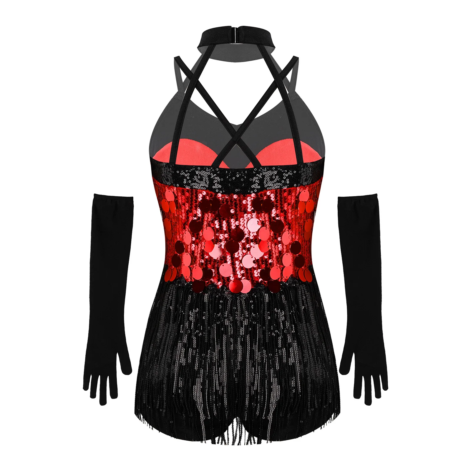 Stylish Kids Girls Latin Dance Outfit Sleeveless Halter Cut Sequins Tassel Fringed Dress For Stage Jazz Performance Contest Use