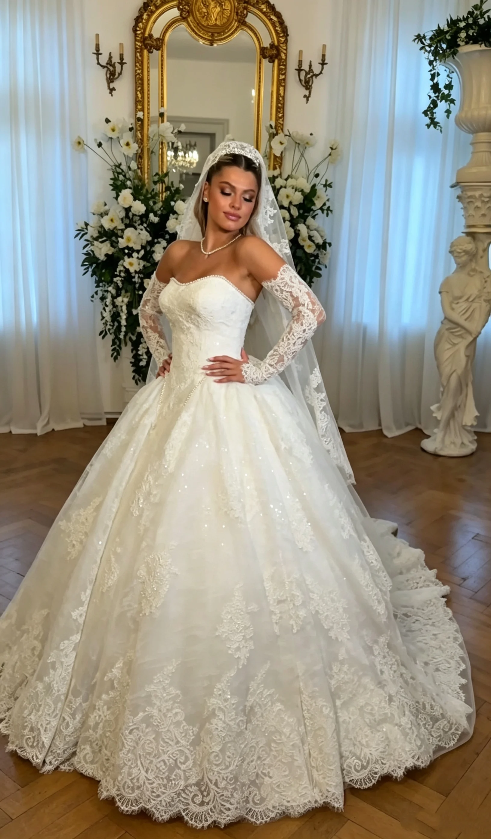 Luxury Strapless Sweetheart Ball Dress Wedding Dress Detachable Lace Sleeves Shining Lace Stickers Bridal Dress Customization
