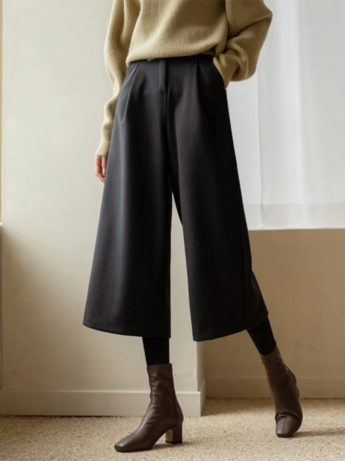 

Thiened Casual Woolen Wide Leg Pants Women's Autumn Winter Straight Cut Trousers High Waist ket Detail Polyester Blend