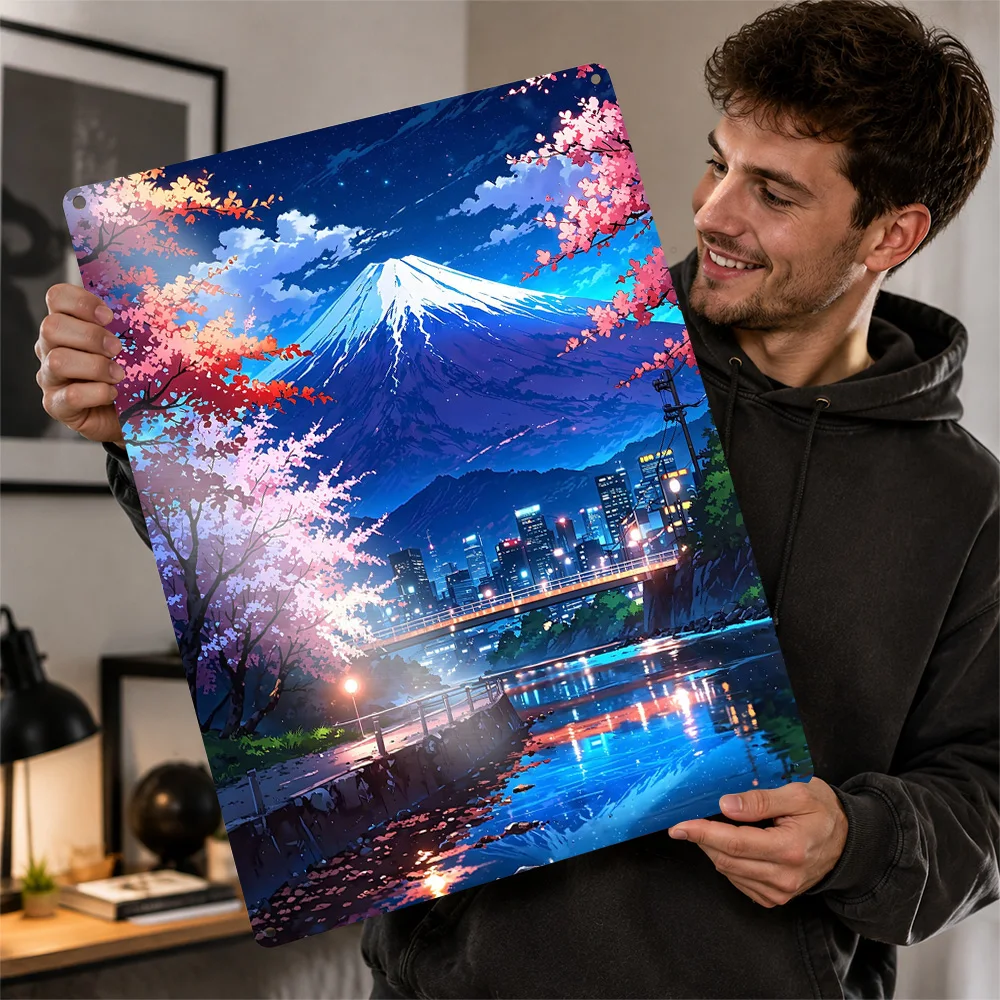 Mount Fuji Vibrant Neon Aluminum Poster Customized Metal Sign Wave Horizon Wall Art Made For Home Offices And Synthwave Lovers